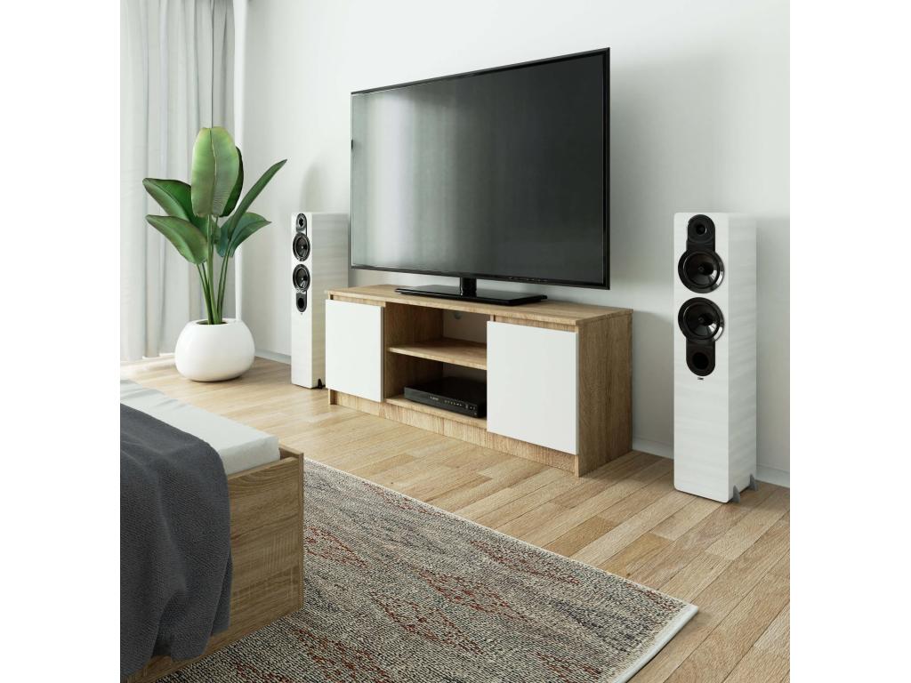 Maisonpuretop Mobile TV in rovere per soggiorno, 140 cm, 2 ante, frontale bianco, 2 ripiani, 140x40x55 cm, 00121CJZZ