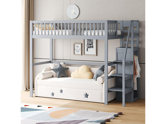 Letto a soppalco 90x200 cm con armadio e scaletta - Legno massello multistrato MDF - Grigio (Materasso non incluso) 87383UAVJ