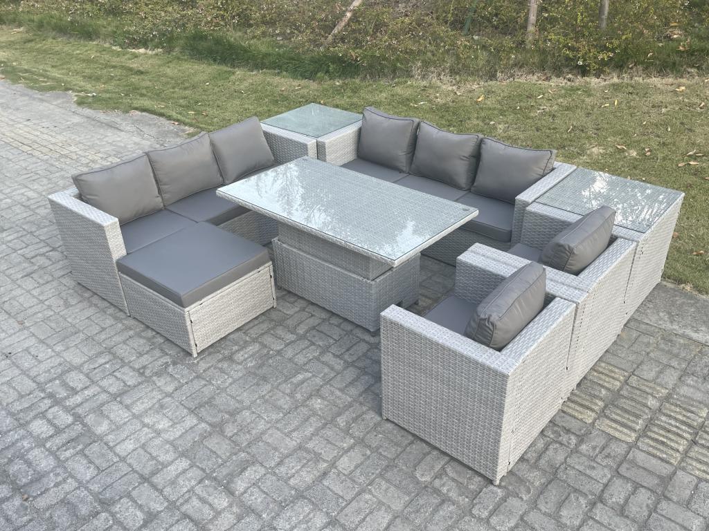 Set di mobili da giardino per esterni: tavolo da pranzo regolabile in altezza con divano, 2 poltrone, 2 tavolini laterali, sgabelli grandi, grigio chiaro 02207DZZT