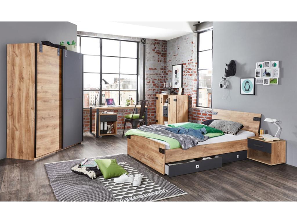 Set completo per cameretta bambini/ragazzi, effetto trave in rovere con finiture in grafite - 90x200cm 06745HBRR