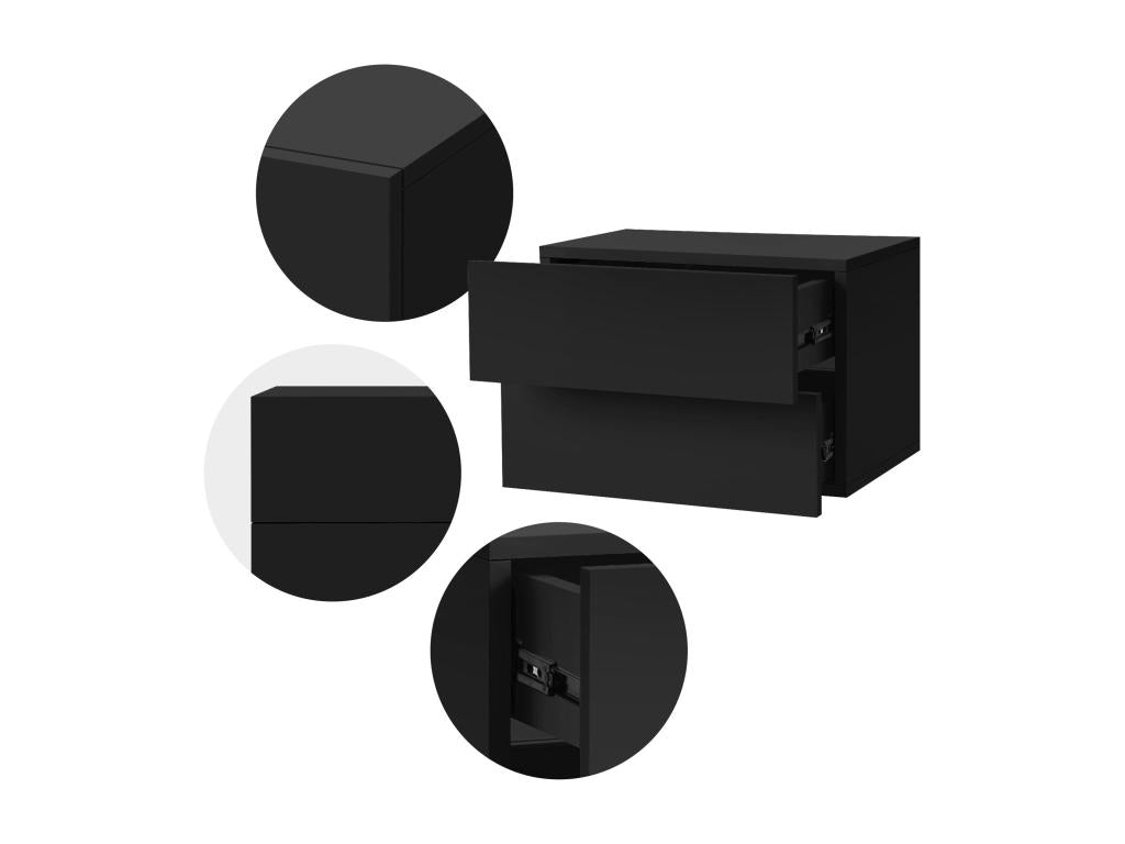 Comodino sospeso con 2 cassetti, cassettiera, comodino, nero opaco, 42x29x30 cm, 13906OHBI