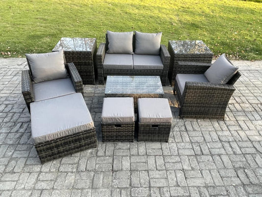 Set di mobili da giardino in rattan grigio scuro a 7 posti con divano, tavolino e 3 sgabelli 77815BCDM