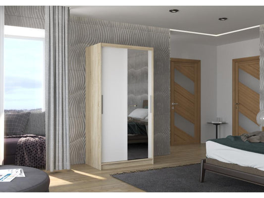 Armadio piccolo per camera da letto in legno naturale con 2 ante scorrevoli, legno bianco e specchio, Bazo 100cm 67618KPNA