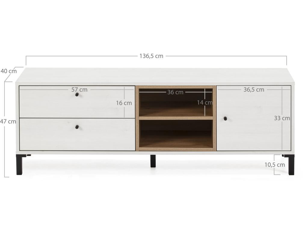 Mobile TV Maisonpuretop con 2 cassetti e 1 anta, colore bianco e legno, larghezza 136,5 cm, 78461TBCD