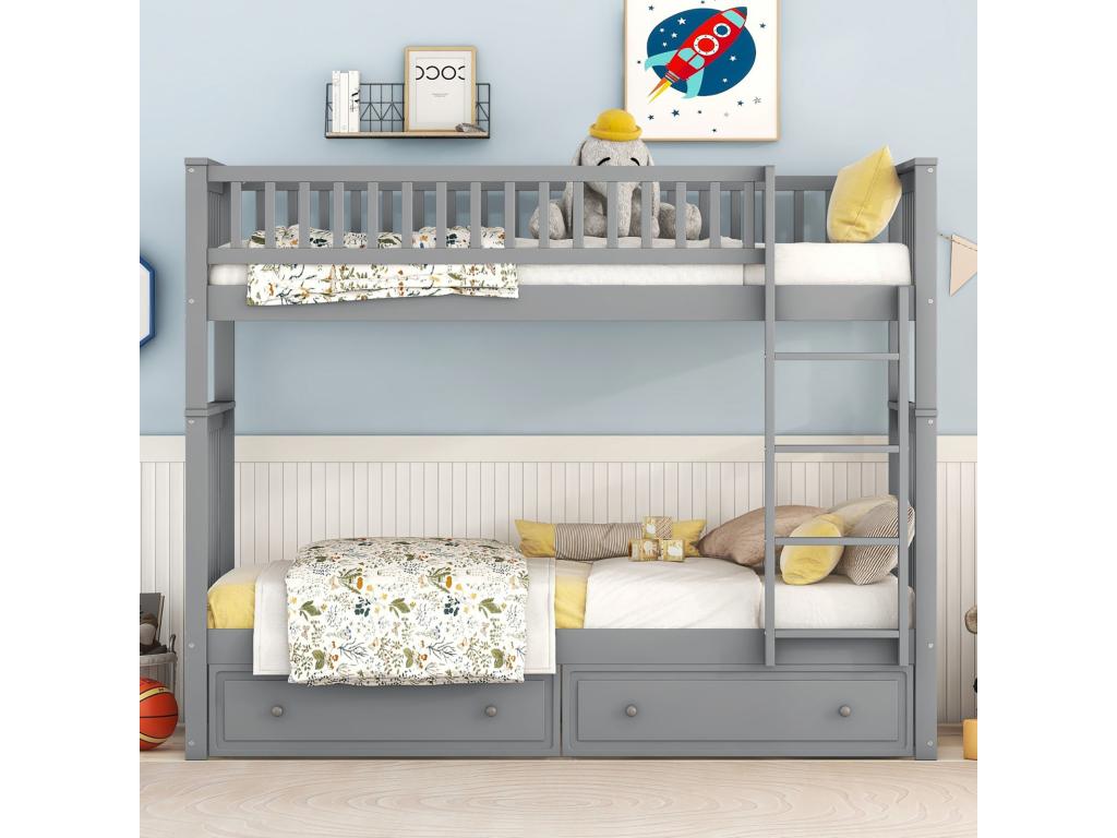 Letto a castello 90x200cm - letto funzionale per bambini con 2 cassetti contenitore, letto trasformabile per 2 persone - grigio 63147XYWK