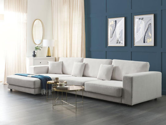 Divano angolare a 4 posti, lato sinistro, stile moderno e minimalista, tessuto bianco, Maisonpuretop 53830GCFV