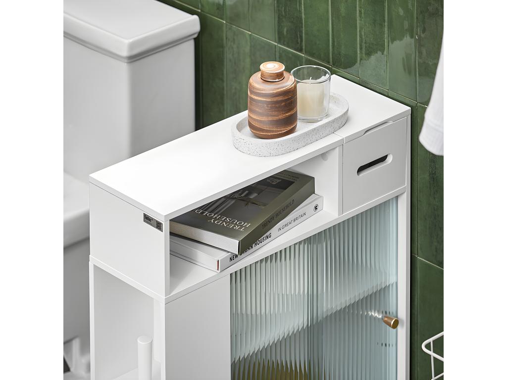 Maisonpuretop BZR117-W Mobiletto WC compatto con ruote, porta carta igienica e 2 ante scorrevoli in vetro 88528THSB