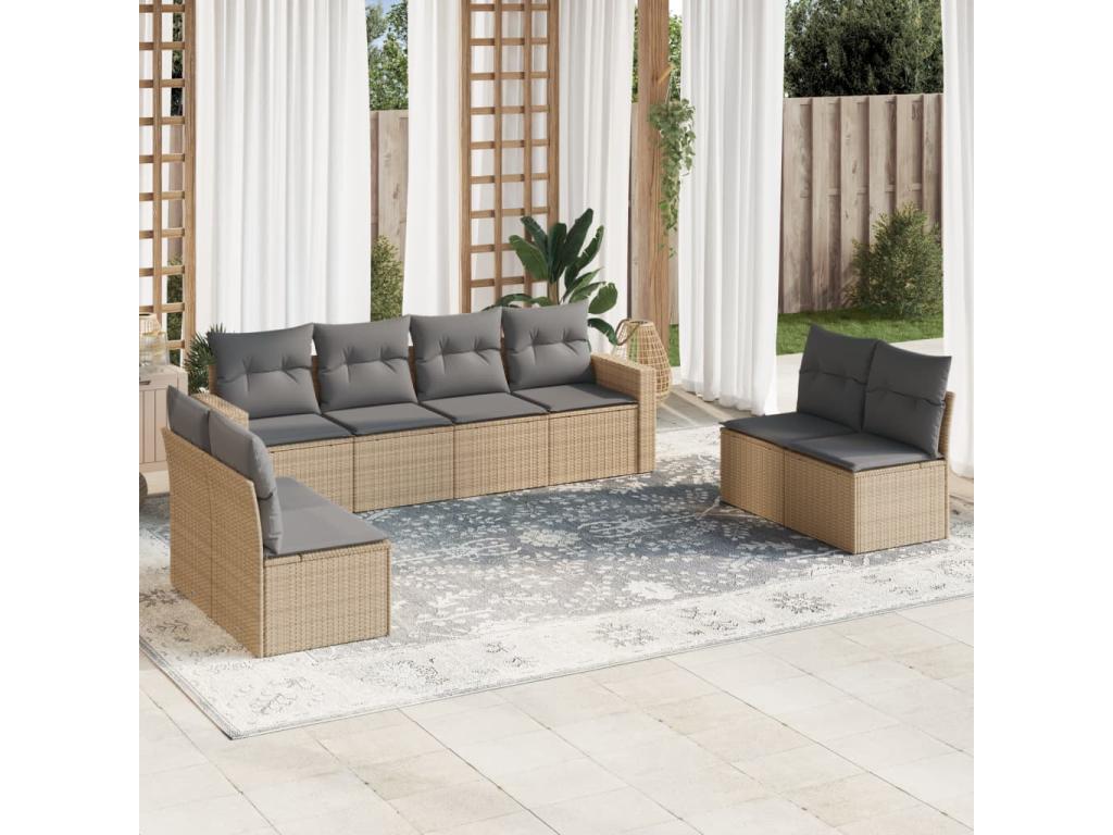 Set di mobili da giardino da 9 pezzi con cuscini, resina intrecciata beige, 62444OBCE