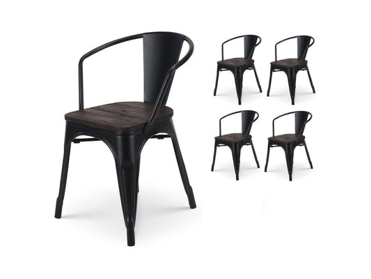 Set di 4 sedie in metallo nero opaco in stile industriale con seduta in legno scuro - Con braccioli 01789PSSM