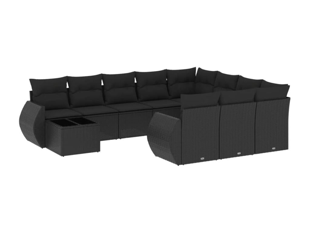 Set di mobili da giardino da 11 pezzi con cuscini, vimini in resina nera, 62416PYLC