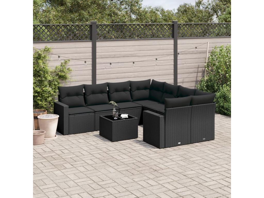 Set di mobili da giardino da 9 pezzi con cuscini, in resina intrecciata nera, 60093PTKG