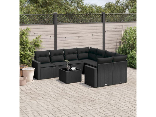 Set di mobili da giardino da 9 pezzi con cuscini, in resina intrecciata nera, 60093PTKG