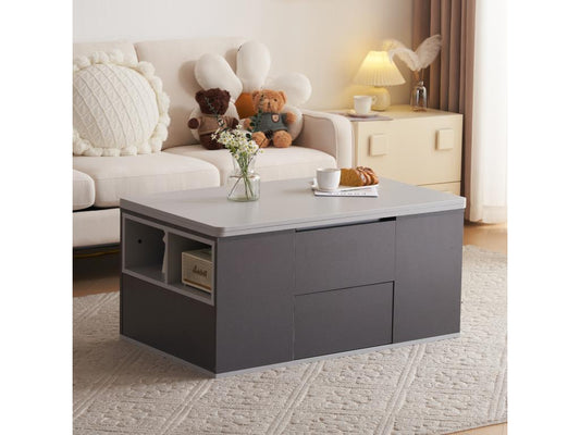 Tavolino da caffè con piano sollevabile, 2 ripiani e 3 cassetti, bianco e grigio scuro, Maisonpuretop 60755QSGP