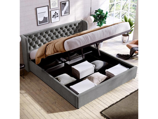 Letto contenitore 160x200 cm, letto per adulti rivestito in velluto, decorato con rivetti e bottoni, rete a doghe, disponibile su Artvivrestore, grigio, 31580YOEG
