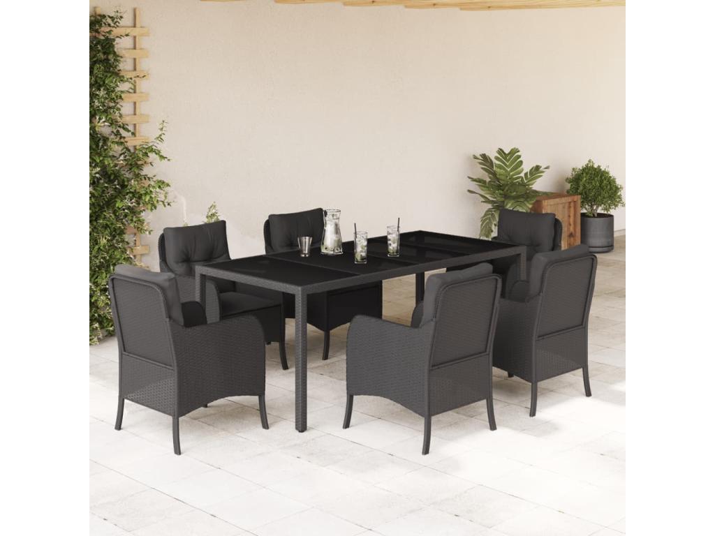 Set da pranzo da giardino 7 pezzi con cuscini, resina di vimini nera 35868CQEM
