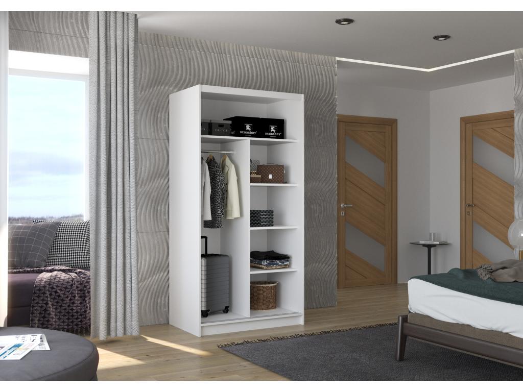 Armadio piccolo per camera da letto in legno naturale con 2 ante scorrevoli, legno bianco e specchio, Bazo 100cm 67618KPNA