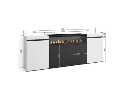 Credenza per soggiorno e cucina, 200x75x35cm, 4 ante, camino elettrico, 49360MLTC