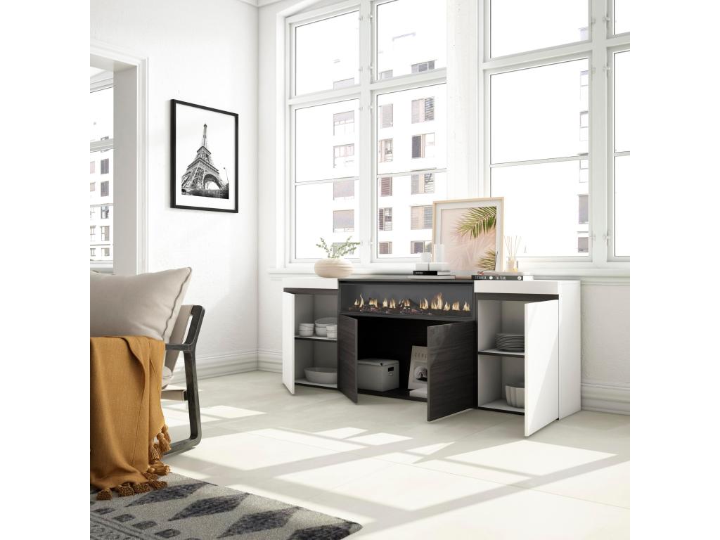 Credenza per soggiorno e cucina, 200x75x35cm, 4 ante, camino elettrico, 49360MLTC