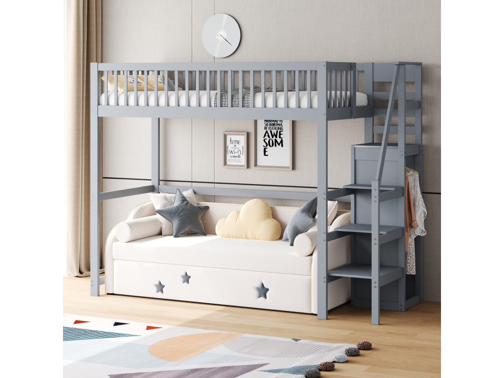 Letto a soppalco 90x200 cm con armadio e scaletta - Legno massello multistrato MDF - Grigio (Materasso non incluso) 87383UAVJ