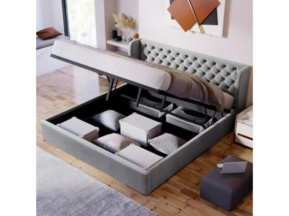 Letto contenitore 160x200 cm, letto per adulti rivestito in velluto, decorato con rivetti e bottoni, rete a doghe, disponibile su Artvivrestore, grigio, 31580YOEG