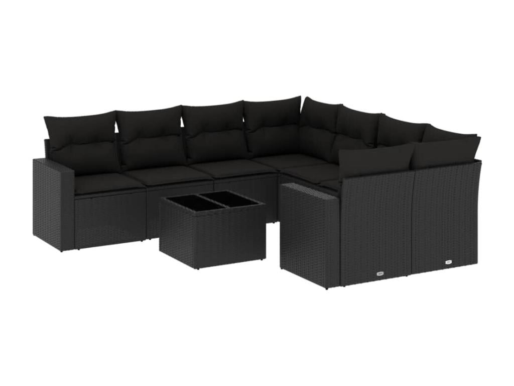 Set di mobili da giardino da 9 pezzi con cuscini, in resina intrecciata nera, 60093PTKG