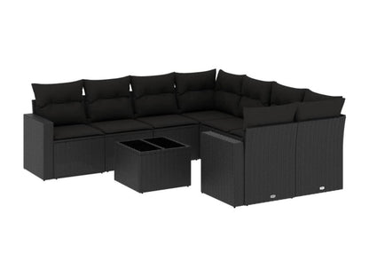 Set di mobili da giardino da 9 pezzi con cuscini, in resina intrecciata nera, 60093PTKG