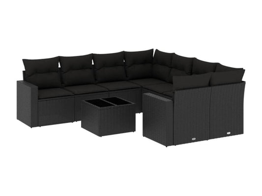 Set di mobili da giardino da 9 pezzi con cuscini, in resina intrecciata nera, 60093PTKG