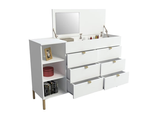 Cassettiera a 6 cassetti con 3 ripiani e 1 vano portaoggetti - Con specchio - Bianco e oro - Maisonpuretop 59369GXNN