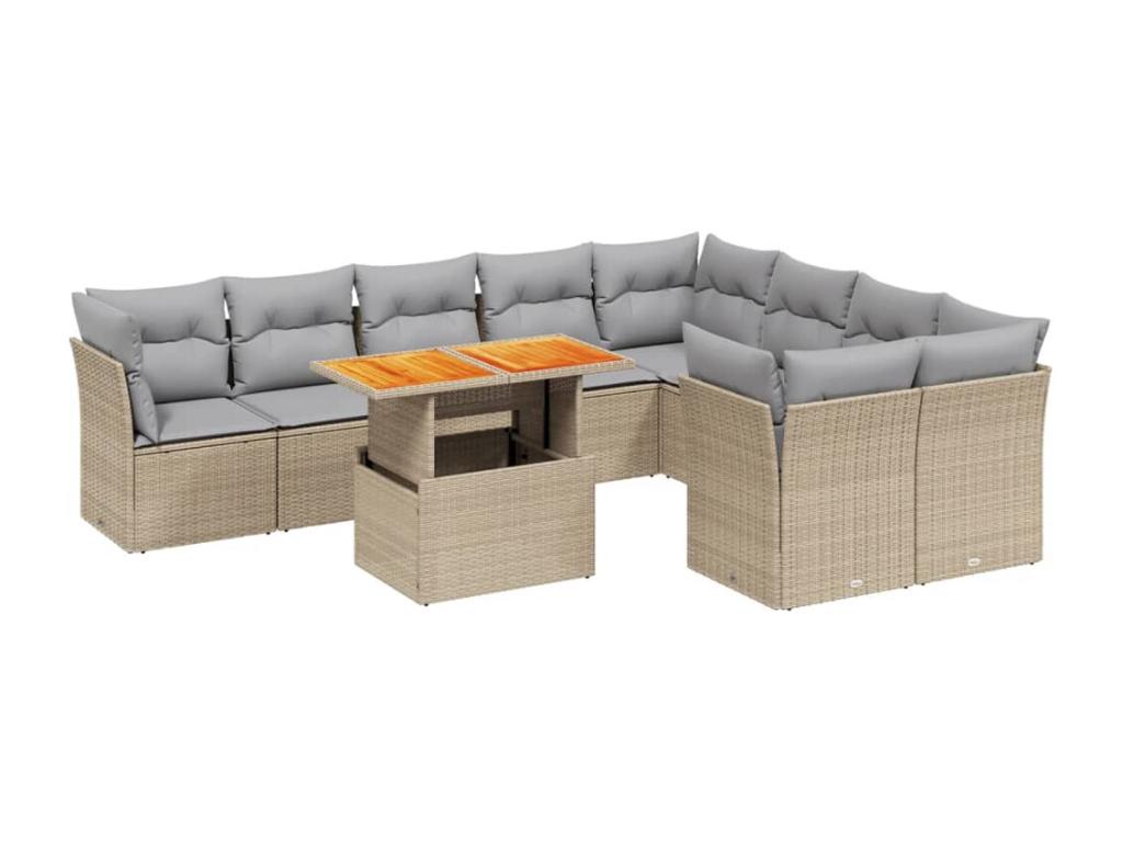 Set di mobili da giardino da 10 pezzi con cuscini, resina intrecciata beige, 37527PLEW