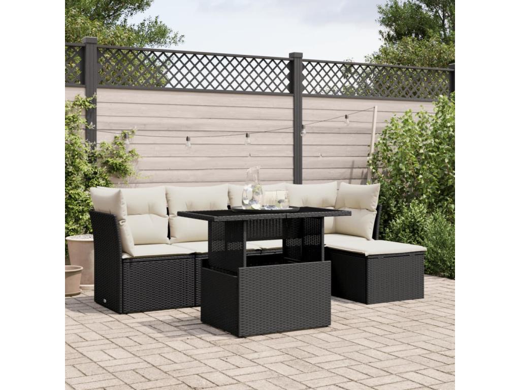 Set di mobili da giardino da 6 pezzi con cuscini, in resina intrecciata nera, 33176ZTNL