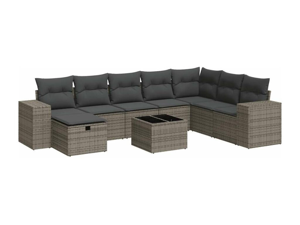 Set di mobili da giardino da 9 pezzi con cuscini in vimini di resina grigia 17405RIUS