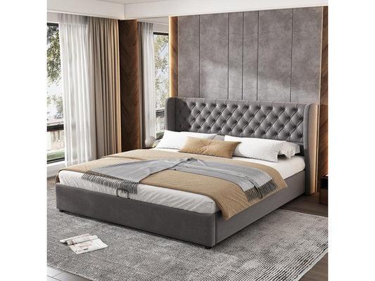 Letto contenitore 160x200 cm, letto per adulti rivestito in velluto, decorato con rivetti e bottoni, rete a doghe, disponibile su Artvivrestore, grigio, 31580YOEG