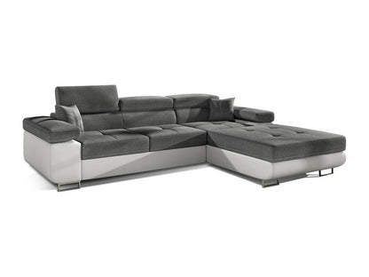 Divano letto angolare destro in tessuto grigio scuro e similpelle bianca con contenitore, Artvivrestore, 280 cm, 02252OUQM