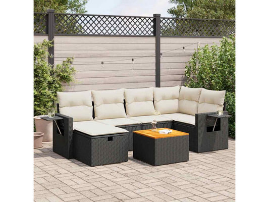 Set di mobili da giardino 7 pezzi con cuscini, vimini in resina nera, 83176OQHG