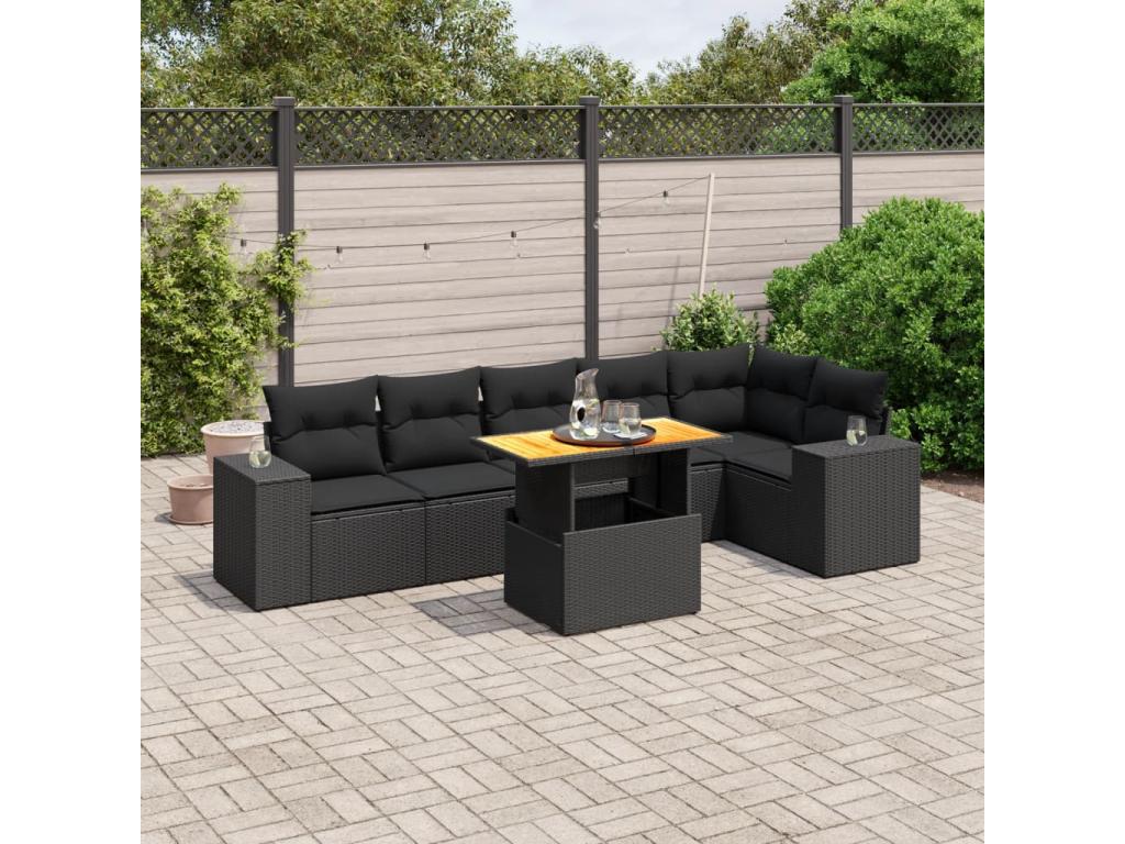 Set di mobili da giardino 7 pezzi con cuscini, vimini in resina nera, 31524QXSB