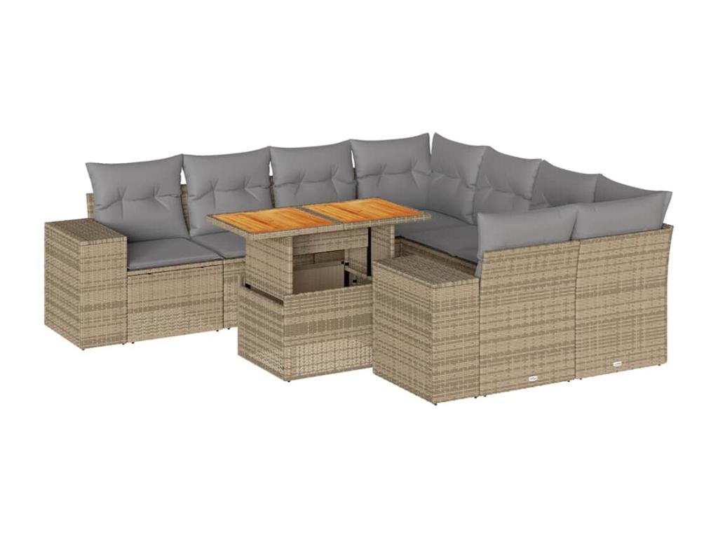 Set di mobili da giardino da 9 pezzi con cuscini, resina intrecciata beige, 74998QACN