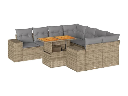 Set di mobili da giardino da 9 pezzi con cuscini, resina intrecciata beige, 74998QACN