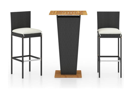 Set da bar da giardino 3 pezzi e cuscini, resina intrecciata nera, 68900IXBP