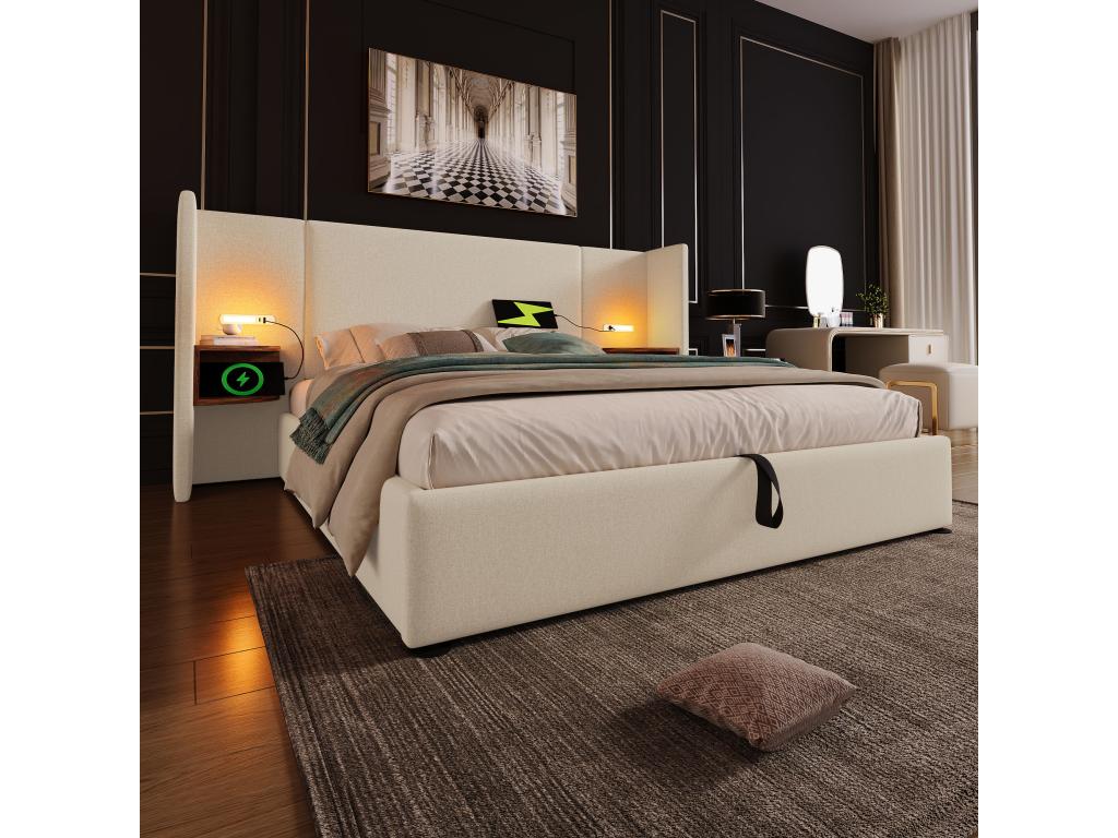 Letto contenitore 180x200 cm con ampia testiera e comodini - Lampada da lettura e porte USB Type-C - Tessuto in lino - Beige, materasso non incluso 01629NQIU