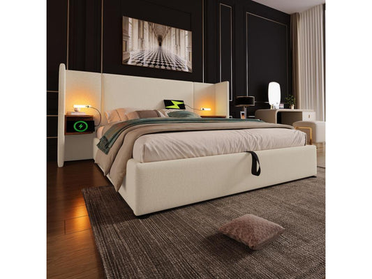 Letto contenitore 180x200 cm con ampia testiera e comodini - Lampada da lettura e porte USB Type-C - Tessuto in lino - Beige, materasso non incluso 01629NQIU