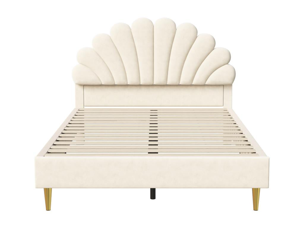 Letto matrimoniale 140x200, letto imbottito, letto per adulti con testiera beige a forma di fiore, 46299NLIQ