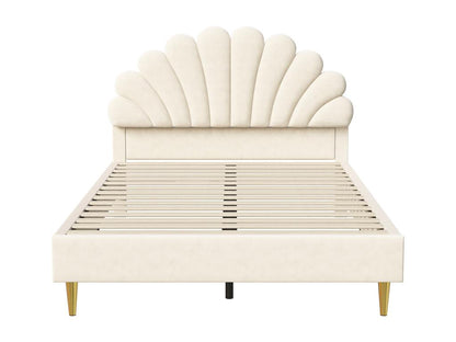 Letto matrimoniale 140x200, letto imbottito, letto per adulti con testiera beige a forma di fiore, 46299NLIQ