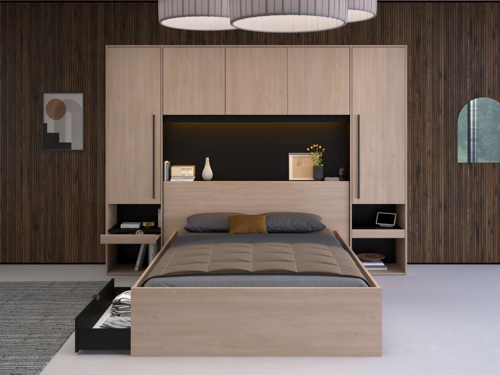 Letto a ponte con contenitore - Con LED - L265 cm - Naturale e nero - Artvivrestore 33822JZXK