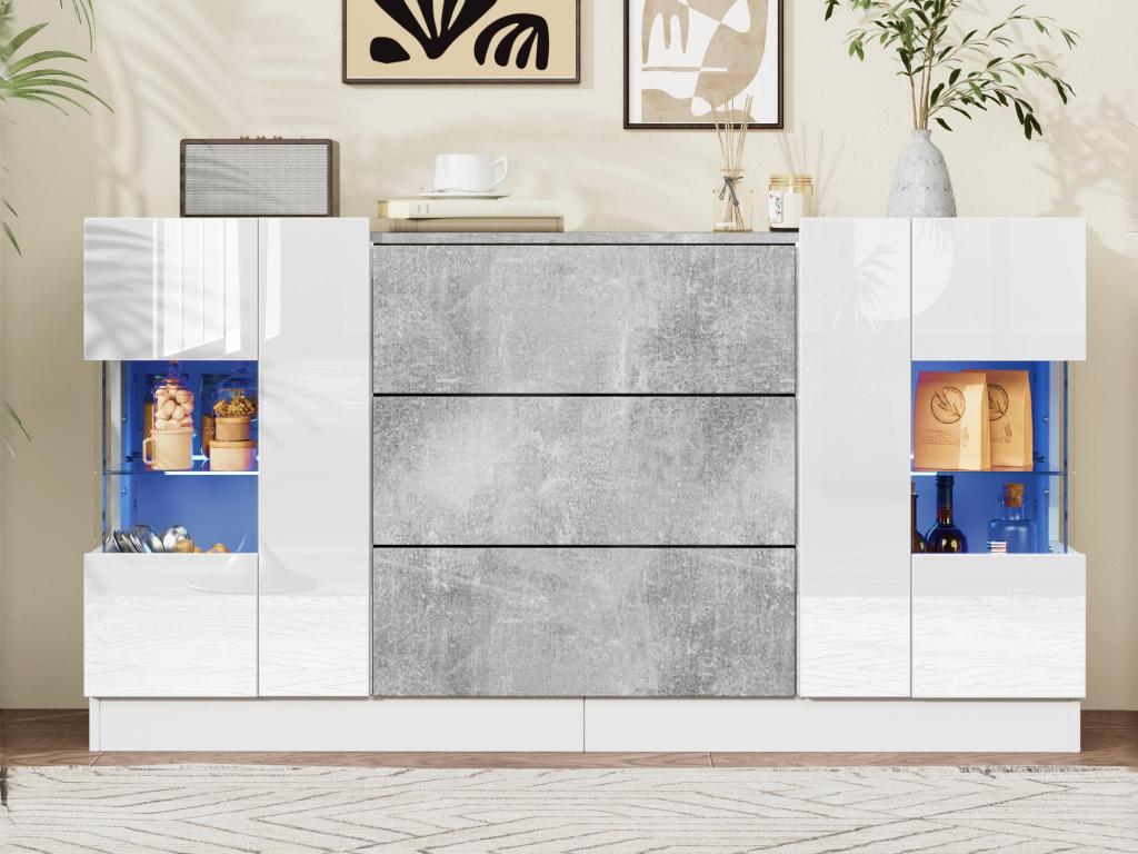 Credenza con illuminazione LED - 2 ante e 3 cassetti - frontale bianco lucido ed effetto marmo grigio - Bianco 08497XLSV