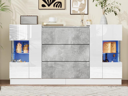 Credenza con illuminazione LED - 2 ante e 3 cassetti - frontale bianco lucido ed effetto marmo grigio - Bianco 08497XLSV