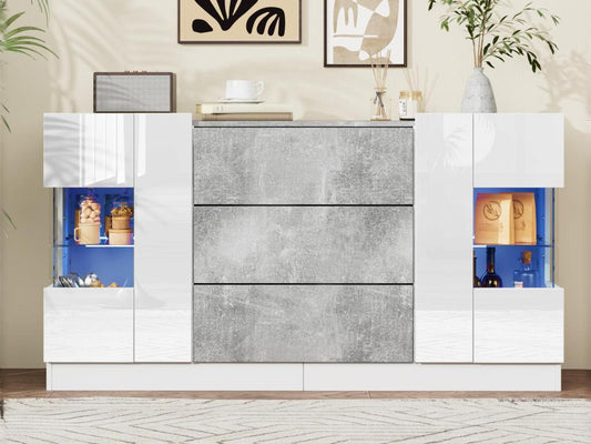 Credenza con illuminazione LED - 2 ante e 3 cassetti - frontale bianco lucido ed effetto marmo grigio - Bianco 08497XLSV