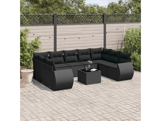 Set di mobili da giardino da 10 pezzi con cuscini, in resina intrecciata nera, 82362DWTD