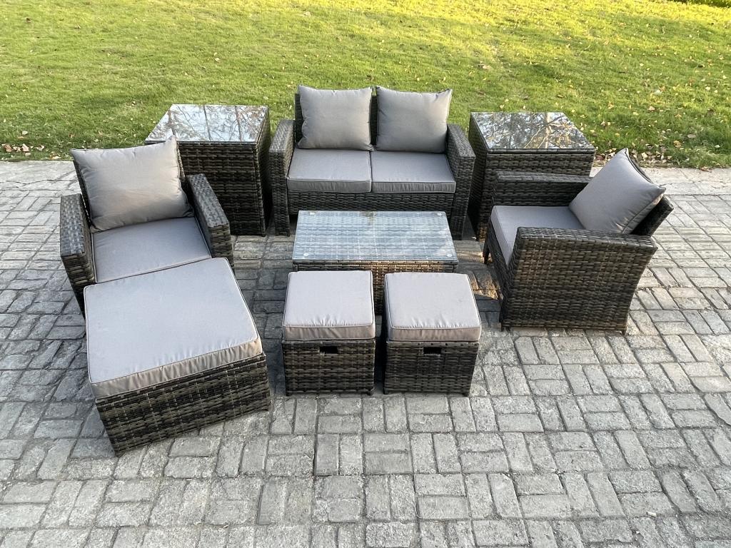 Set di mobili da giardino in rattan grigio scuro a 7 posti con divano, tavolino e 3 sgabelli 77815BCDM