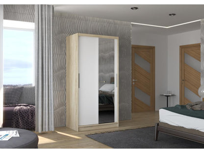 Armadio piccolo per camera da letto in legno naturale con 2 ante scorrevoli, legno bianco e specchio, Bazo 100cm 67618KPNA
