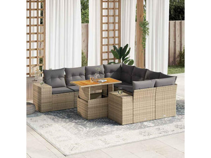Set di mobili da giardino da 9 pezzi con cuscini, resina intrecciata beige, 74998QACN